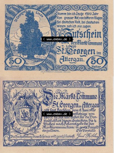 Notgeldscheine Oberösterreich St. Georgen 1920, 50 Heller II. (3). Notgeld Oberösterreich St. Georgen, Notgeldscheine aus Oberösterreich... Sammlung