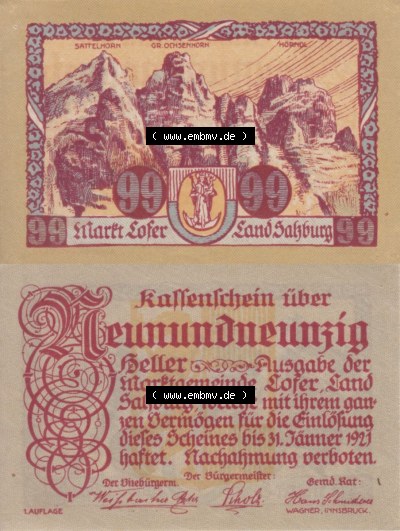 Notgeldscheine Salzburg Lofer, Kassenschein 1921 I, 99 Heller 1. Auflage (3). Notgeld Salzburg Marktgemeinde Lofer, Kassenscheine,... Sammlung