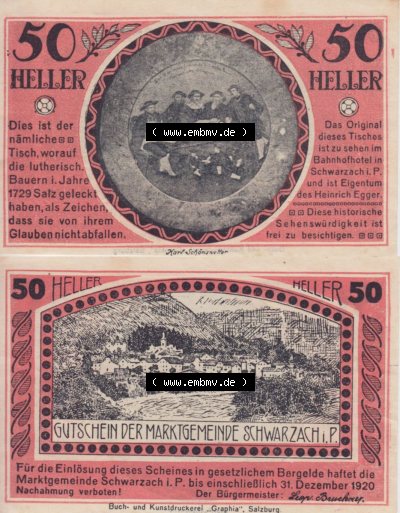 Notgeldscheine Salzburg Schwarzach im Pongau Gutschein 1920, 50 Heller (3). Notgeld Salzburg Marktgemeinde Schwarzach im Pongau,... Sammlung