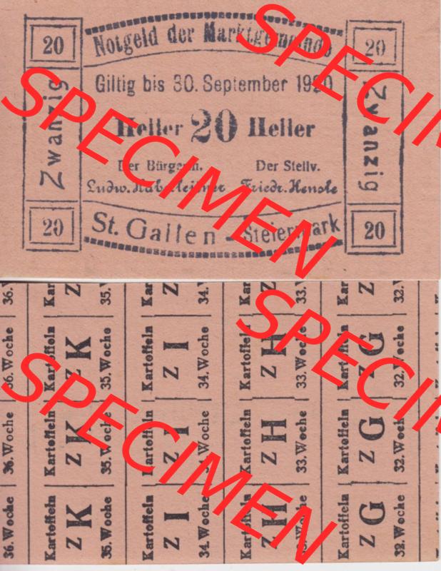 Notgeldscheine Steiermark St. Gallen, Marktgemeinde 1920, 20 Heller (3). Notgeldscheine Marktgemeinde Steiermark St. Gallen, Notgeldscheine aus Steiermark... Sammlung