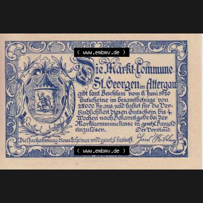 Notgeldscheine Oberösterreich St. Georgen 1920, 50 Heller II. (2). Notgeld Oberösterreich St. Georgen, Notgeldscheine aus Oberösterreich... Sammlung
