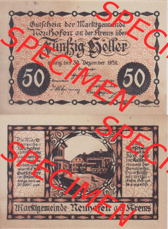 Notgeldscheine Oberösterreich Neuhofen an der Krems 1920, 50 Heller (3). Notgeld Oberösterreich Neuhofen an der Krems, Notgeldscheine aus Oberösterreich im online... Sammlung