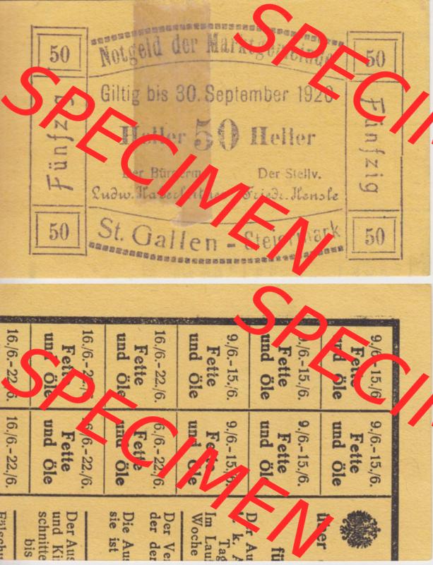 Notgeldscheine Steiermark St. Gallen, Marktgemeinde 1920, 50 Heller (3). Notgeldscheine Marktgemeinde Steiermark St. Gallen, Notgeldscheine aus Steiermark... Sammlung