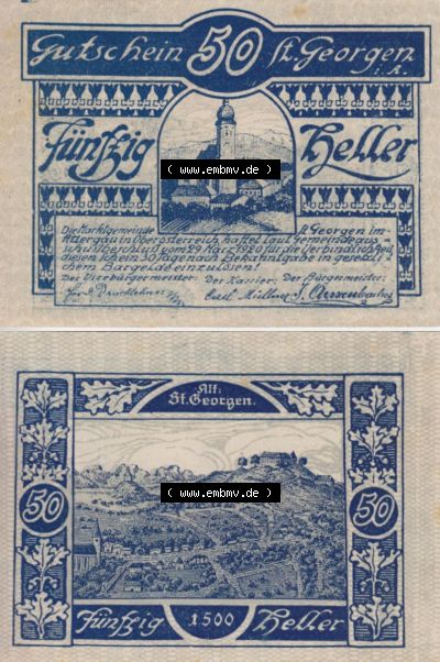 Notgeldscheine Oberösterreich St. Georgen 1920, 50 Heller I. (3). Notgeld Oberösterreich St. Georgen, Notgeldscheine aus Oberösterreich... Sammlung