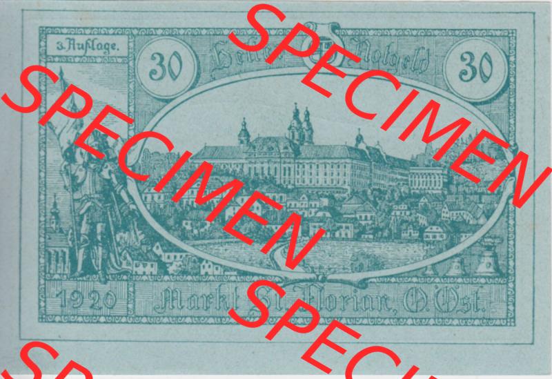 Notgeldscheine Oberösterreich St. Florian 1920, 3. Auflage 30 Heller (1). Notgeld Oberösterreich St. Florian, Notgeldscheine aus Oberösterreich... Sammlung