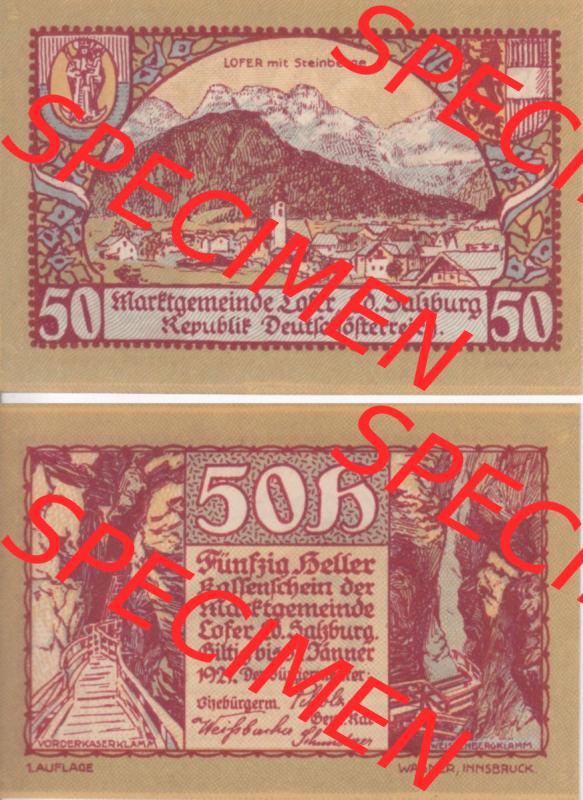 Notgeldscheine Salzburg Lofer, Kassenschein 1921 I, 50 Heller 1. Auflage (3). Notgeld Salzburg Marktgemeinde Lofer, Kassenscheine, Notgeldscheine aus Salzburg... Sammlung