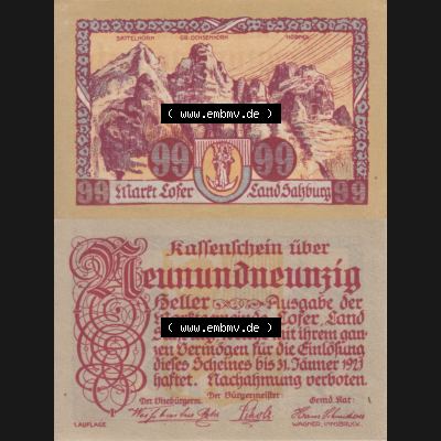 Notgeldscheine Salzburg Lofer, Kassenschein 1921 I, 99 Heller 1. Auflage (3). Notgeld Salzburg Marktgemeinde Lofer, Kassenscheine, Notgeldscheine aus Salzburg... Sammlung
