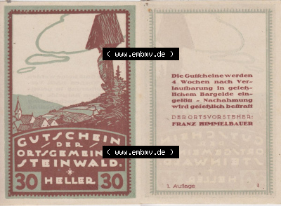 Notgeldscheine Oberösterreich Steinwald 192x, Auflage 1. I 30 Heller (3). Notgeld Oberösterreich Steinwald, Notgeldscheine aus... Sammlung