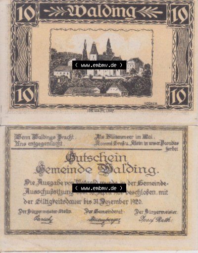 Notgeldscheine Oberösterreich Walding 1920, 10 Heller (3). Notgeld Oberösterreich Gemeinde Walding, Notgeldscheine aus Oberösterreich... Sammlung