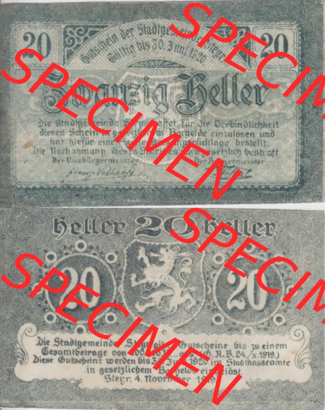 Notgeldscheine Oberösterreich Steyr 1919-1920, 20 Heller (3). Notgeld Oberösterreich Steyr, Notgeldscheine aus Oberösterreich im online Katalog für private... Sammlung