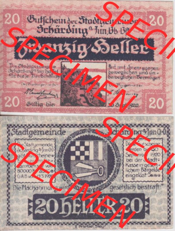 Notgeldscheine Oberösterreich Schärding 1920, 20 Heller (3). [Notgeld Oberösterreich Schärding, Notgeldscheine aus Oberösterreich im online... Sammlung
