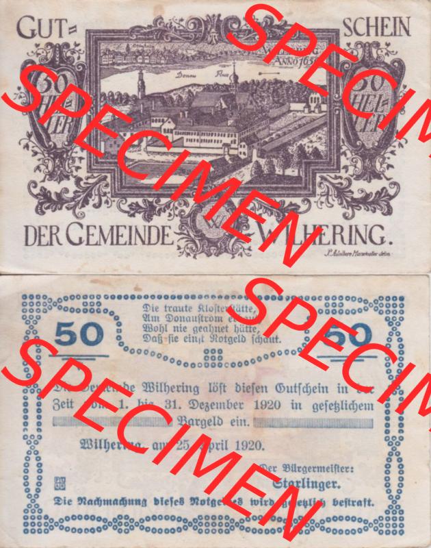 Notgeldscheine Oberösterreich Wilhering, Gemeinde 1920, 50 Heller (3). Notgeld Oberösterreich Wilhering, Gemeinde, Notgeldscheine aus Oberösterreich... Sammlung
