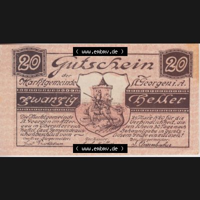 Notgeldscheine Oberösterreich St. Georgen 1920, 20 Heller I. (1). Notgeld Oberösterreich St. Georgen, Notgeldscheine aus Oberösterreich... Sammlung