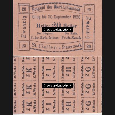 Notgeldscheine Steiermark St. Gallen, Marktgemeinde 1920, 20 Heller (3). Notgeldscheine Marktgemeinde Steiermark St. Gallen, Notgeldscheine aus Steiermark... Sammlung