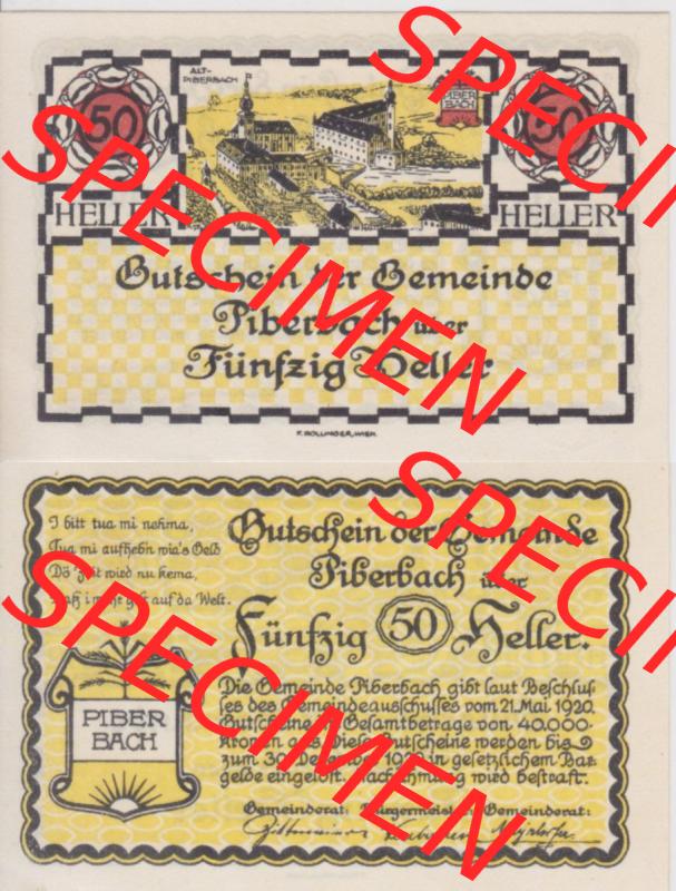 Notgeldscheine Oberösterreich Piberbach 1920, 50 Heller (3). Notgeld Oberösterreich Piberbach, Notgeldscheine aus Oberösterreich im online Katalog für private... Sammlung