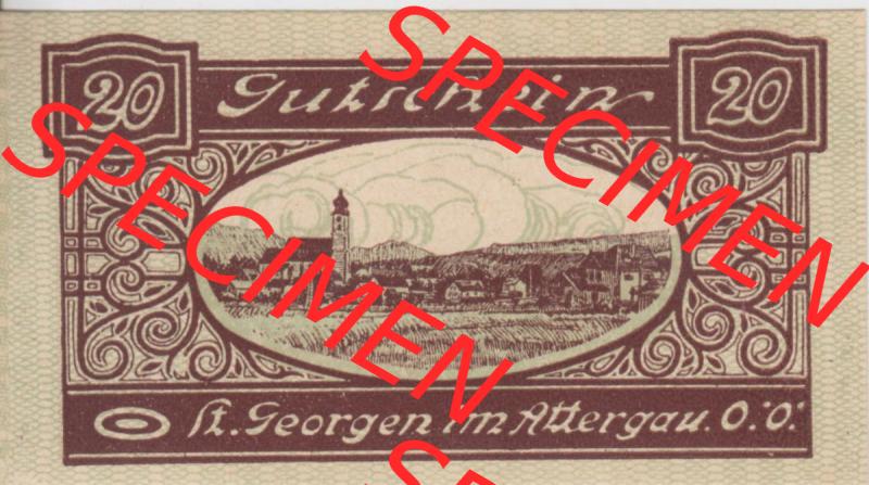 Notgeldscheine Oberösterreich St. Georgen 1920, 20 Heller III. (2). Notgeld Oberösterreich St. Georgen, Notgeldscheine aus Oberösterreich... Sammlung