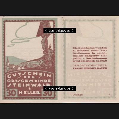 Notgeldscheine Oberösterreich Steinwald 192x, Auflage 1. I 30 Heller (3). Notgeld Oberösterreich Steinwald, Notgeldscheine aus Oberösterreich im online... Sammlung