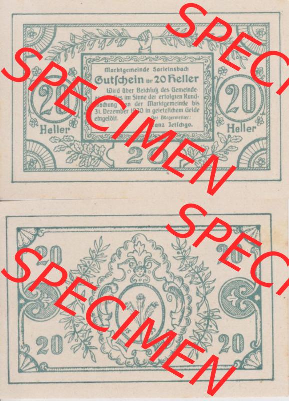 Notgeldscheine Oberösterreich Sarleinsbach 1920, 20 Heller (3). Notgeld Oberösterreich Sarleinsbach, Notgeldscheine aus Oberösterreich im online Katalog für... Sammlung