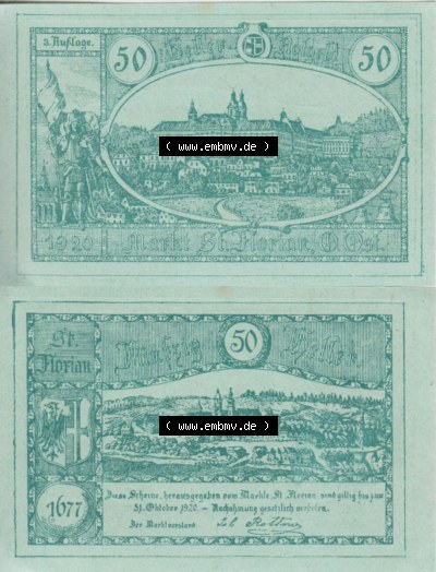 Notgeldscheine Oberösterreich St. Florian 1920, 3. Auflage 50 Heller (3). Notgeld Oberösterreich St. Florian, Notgeldscheine... Sammlung