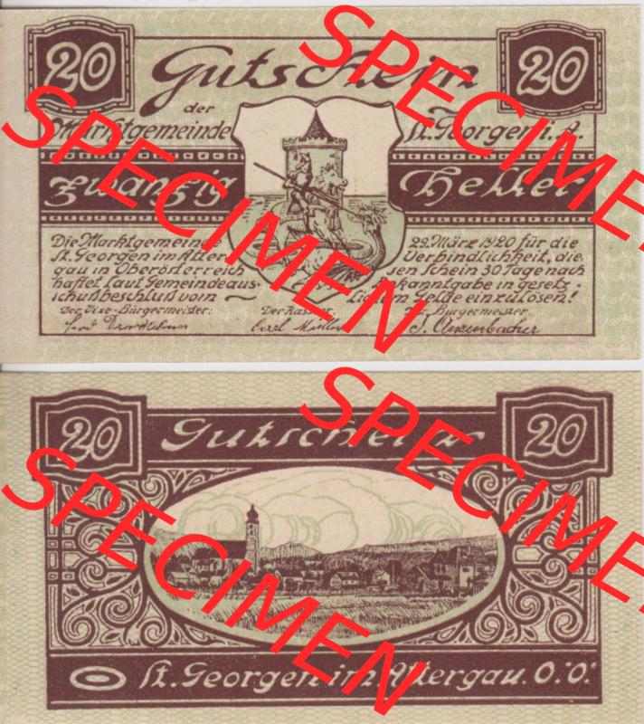 Notgeldscheine Oberösterreich St. Georgen 1920, 20 Heller III. (3). Notgeld Oberösterreich St. Georgen, Notgeldscheine aus Oberösterreich... Sammlung