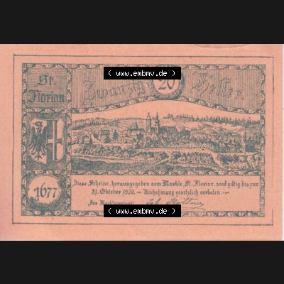 Notgeldscheine Oberösterreich St. Florian 1920, 3. Auflage 20 Heller (2). Notgeld Oberösterreich St. Florian, Notgeldscheine aus Oberösterreich... Sammlung