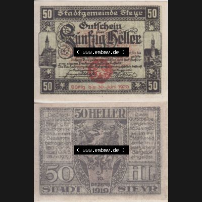 Notgeldscheine Oberösterreich Steyr 1919-1920, 50 Heller (3). Notgeld Oberösterreich Steyr, Notgeldscheine aus Oberösterreich im online Katalog für private... Sammlung