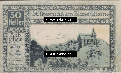 Notgeldscheine Oberösterreich St. Thomas am Blasenstein 50 Heller (2). Notgeld Oberösterreich St. Thomas am Blasenstein, Notgeldscheine... Sammlung