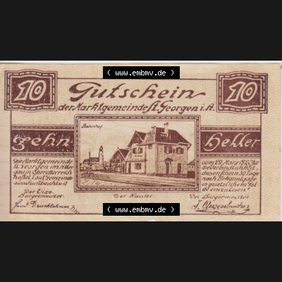Notgeldscheine Oberösterreich St. Georgen 1920, 10 Heller I. (1). Notgeld Oberösterreich St. Georgen, Notgeldscheine aus Oberösterreich... Sammlung