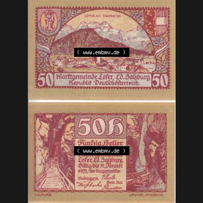 Notgeldscheine Salzburg Lofer, Kassenschein 1921 I, 50 Heller 1. Auflage (3). Notgeld Salzburg Marktgemeinde Lofer, Kassenscheine, Notgeldscheine aus Salzburg... Sammlung