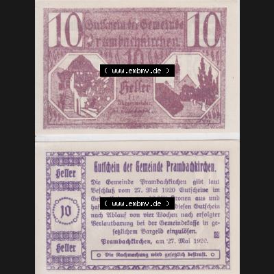 Notgeldscheine Oberösterreich Prambachkirchen 1920, 10 Heller (3). Notgeld Oberösterreich Prambachkirchen, Notgeldscheine aus Oberösterreich im online Katalog... Sammlung