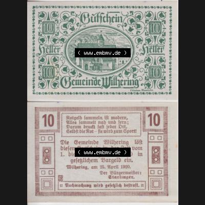 Notgeldscheine Oberösterreich Wilhering, Gemeinde 1920, 10 Heller (3). Notgeld Oberösterreich Wilhering, Gemeinde, Notgeldscheine aus Oberösterreich... Sammlung