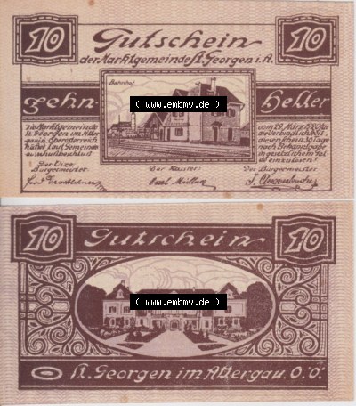 Notgeldscheine Oberösterreich St. Georgen 1920, 10 Heller III. (3). Notgeld Oberösterreich St. Georgen, Notgeldscheine aus Oberösterreich... Sammlung