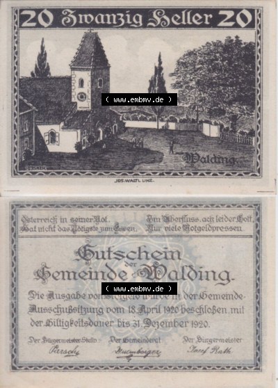 Notgeldscheine Oberösterreich Walding 1920, 20 Heller (3). Notgeld Oberösterreich Gemeinde Walding, Notgeldscheine aus Oberösterreich... Sammlung