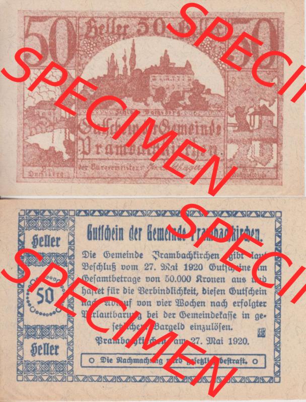 Notgeldscheine Oberösterreich Prambachkirchen 1920, 50 Heller (3). Notgeld Oberösterreich Prambachkirchen, Notgeldscheine aus Oberösterreich im online Katalog... Sammlung