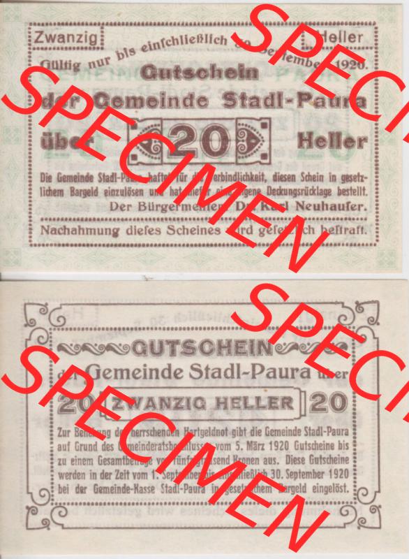 Notgeldscheine Oberösterreich Stadl-Paura 1920, I 20 Heller (3). Notgeld Oberösterreich Stadl-Paura, Notgeldscheine aus Oberösterreich im online Katalog für... Sammlung