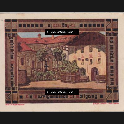 Notgeldscheine Oberösterreich St. Wolfgang im Salzkammergut 1920, 20 Heller (2). Notgeld Oberösterreich St. Wolfgang im Salzkammergut, Notgeldscheine... Sammlung