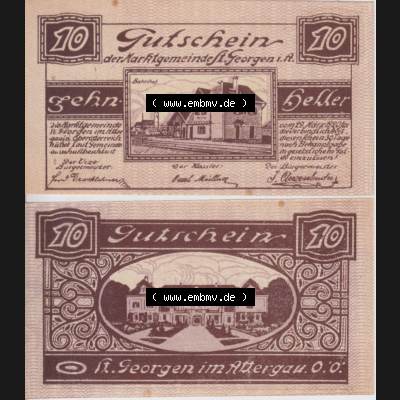 Notgeldscheine Oberösterreich St. Georgen 1920, 10 Heller III. (3). Notgeld Oberösterreich St. Georgen, Notgeldscheine aus Oberösterreich... Sammlung