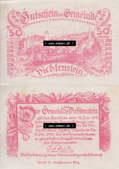 Notgeldscheine Oberösterreich Vichtenstein 1920, 50 Heller Rot (3). Notgeld Oberösterreich Vichtenstein, Notgeldscheine aus... Sammlung