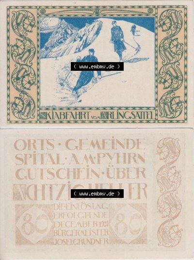 Notgeldscheine Oberösterreich Spital am Pyhrn 1920, 80 Heller (3). Notgeld Oberösterreich Spital am Pyhrn, Notgeldscheine aus... Sammlung