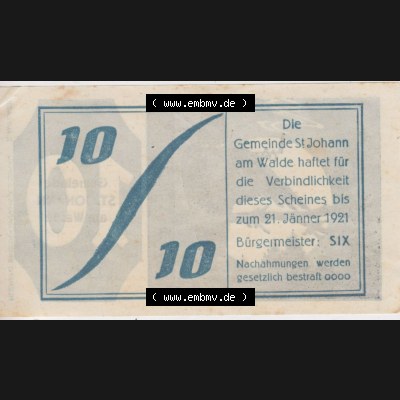 Notgeldscheine Oberösterreich St. Johann am Walde 1921, 10 Heller (2). Notgeld Oberösterreich St. Johann am Walde, Notgeldscheine aus Oberösterreich... Sammlung