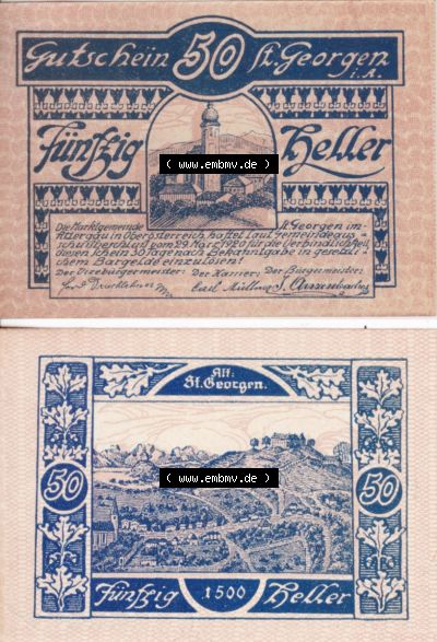 Notgeldscheine Oberösterreich St. Georgen 1920, 50 Heller III. (3). Notgeld Oberösterreich St. Georgen, Notgeldscheine aus Oberösterreich... Sammlung