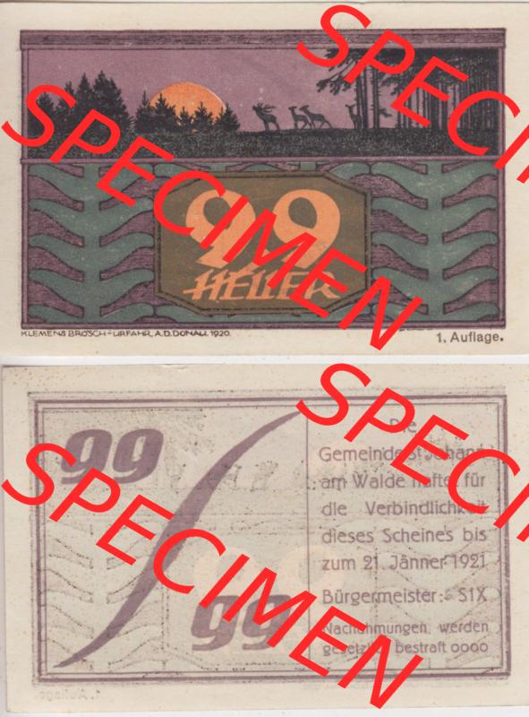 Notgeldscheine Oberösterreich St. Johann am Walde 1921, 99 Heller (3). Notgeld Oberösterreich St. Johann am Walde, Notgeldscheine aus Oberösterreich... Sammlung
