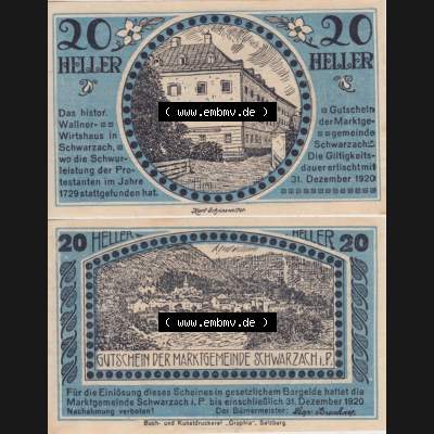 Notgeldscheine Salzburg Schwarzach im Pongau Gutschein 1920, 20 Heller (3). Notgeld Salzburg Marktgemeinde Schwarzach im Pongau, Notgeldscheine aus Salzburg im online Katalog... Sammlung