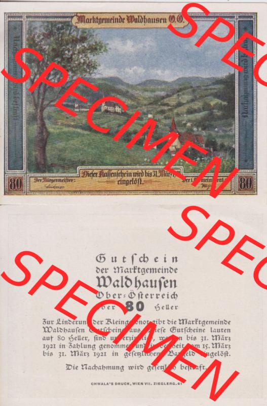 Notgeldscheine Oberösterreich Waldhausen, Marktgemeinde 1921, 80 Heller (3). Notgeld als Gutschein der Oberösterreich Marktgemeinde Waldhausen, Notgeldscheine... Sammlung