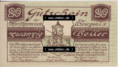 Notgeldscheine Oberösterreich St. Georgen 1920, 20 Heller III. (1). Notgeld Oberösterreich St. Georgen, Notgeldscheine aus Oberösterreich... Sammlung