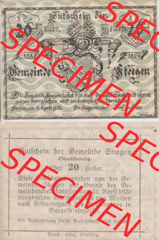 Notgeldscheine Oberösterreich Steegen 20 Heller (3). Notgeld Oberösterreich Steegen, Notgeldscheine aus Oberösterreich im online Katalog für private Sammler,... Sammlung