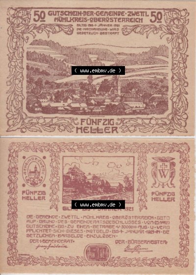 Notgeldscheine Oberösterreich Zwettl Mühlkreis, Gemeinde 1920-1921, 50 Heller braun (3). Notgeld Oberösterreich Gemeinde Zwettl... Sammlung