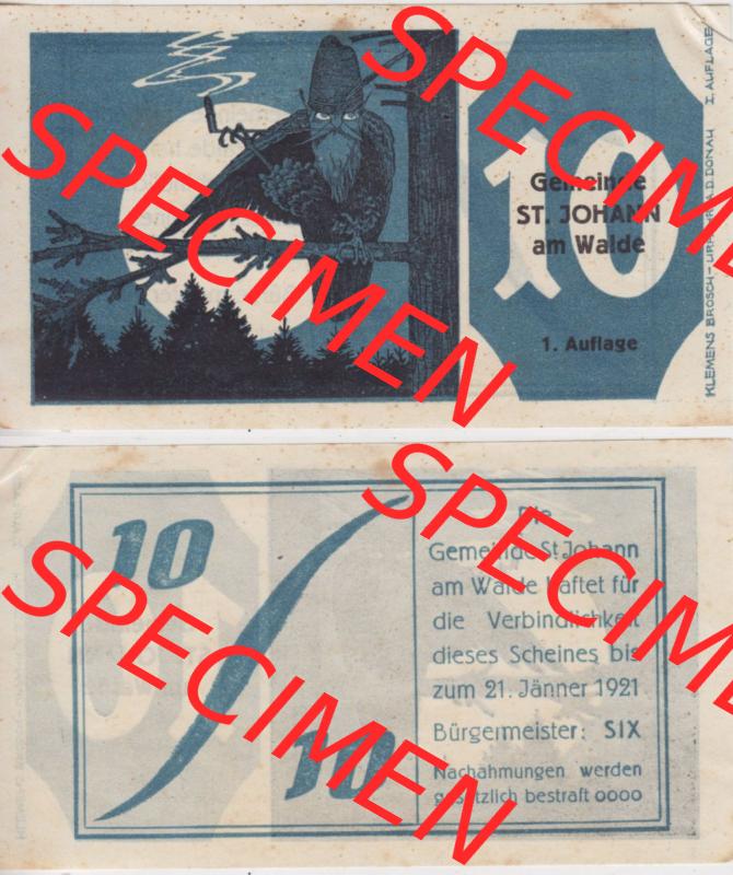 Notgeldscheine Oberösterreich St. Johann am Walde 1921, 10 Heller (3). Notgeld Oberösterreich St. Johann am Walde, Notgeldscheine aus Oberösterreich... Sammlung