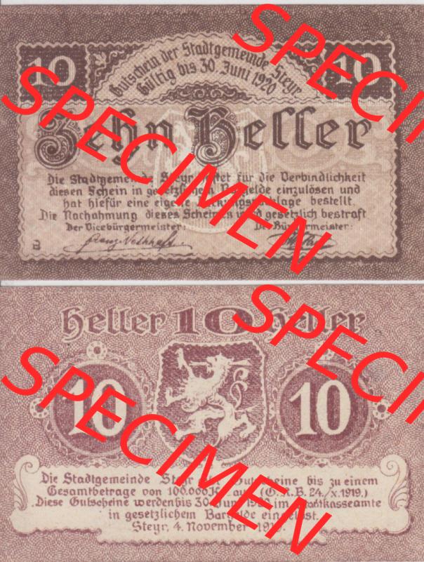 Notgeldscheine Oberösterreich Steyr 1919-1920, 10 Heller (3). Notgeld Oberösterreich Steyr, Notgeldscheine aus Oberösterreich im online Katalog für private... Sammlung