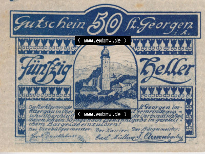 Notgeldscheine Oberösterreich St. Georgen 1920, 50 Heller I. (1). Notgeld Oberösterreich St. Georgen, Notgeldscheine aus Oberösterreich... Sammlung